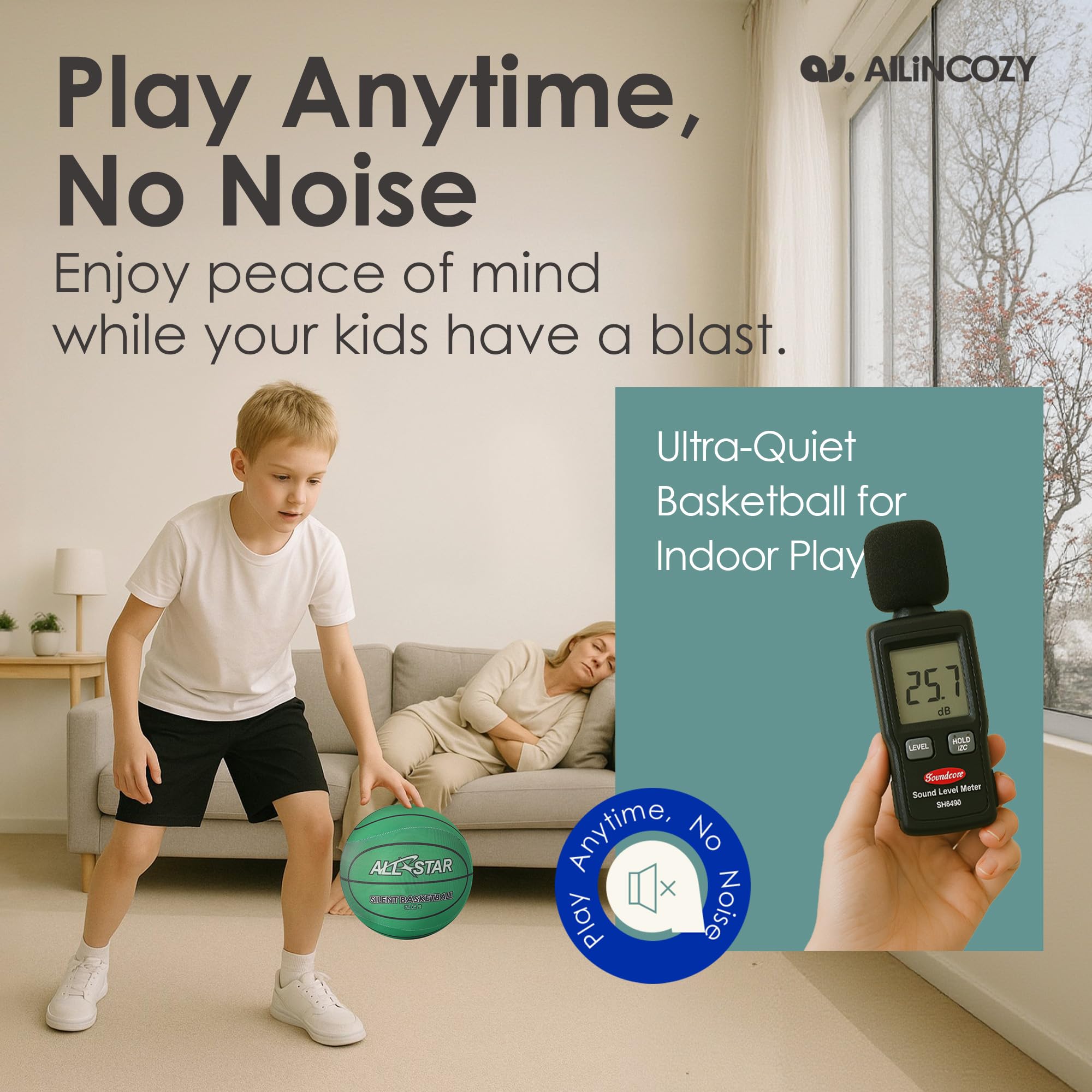 ALLINCOZY in use on living room floor, demonstrating quiet indoor dribble
