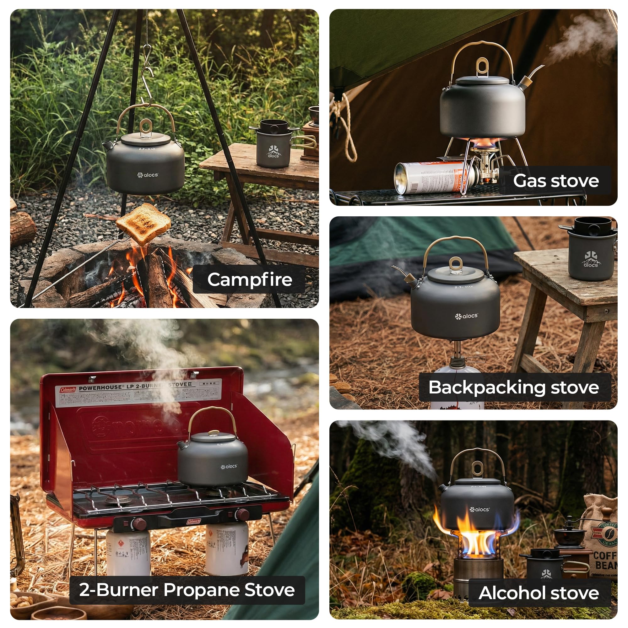 ALOCS kettle boiling on gas stove demonstrating outdoor heat source compatibility