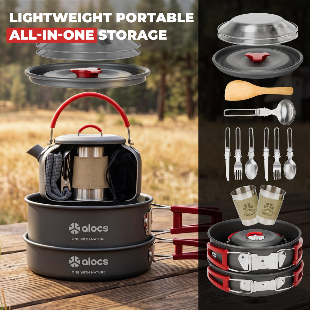 ALOCS cookware on a camp stove in nature showing ready-to-use performance