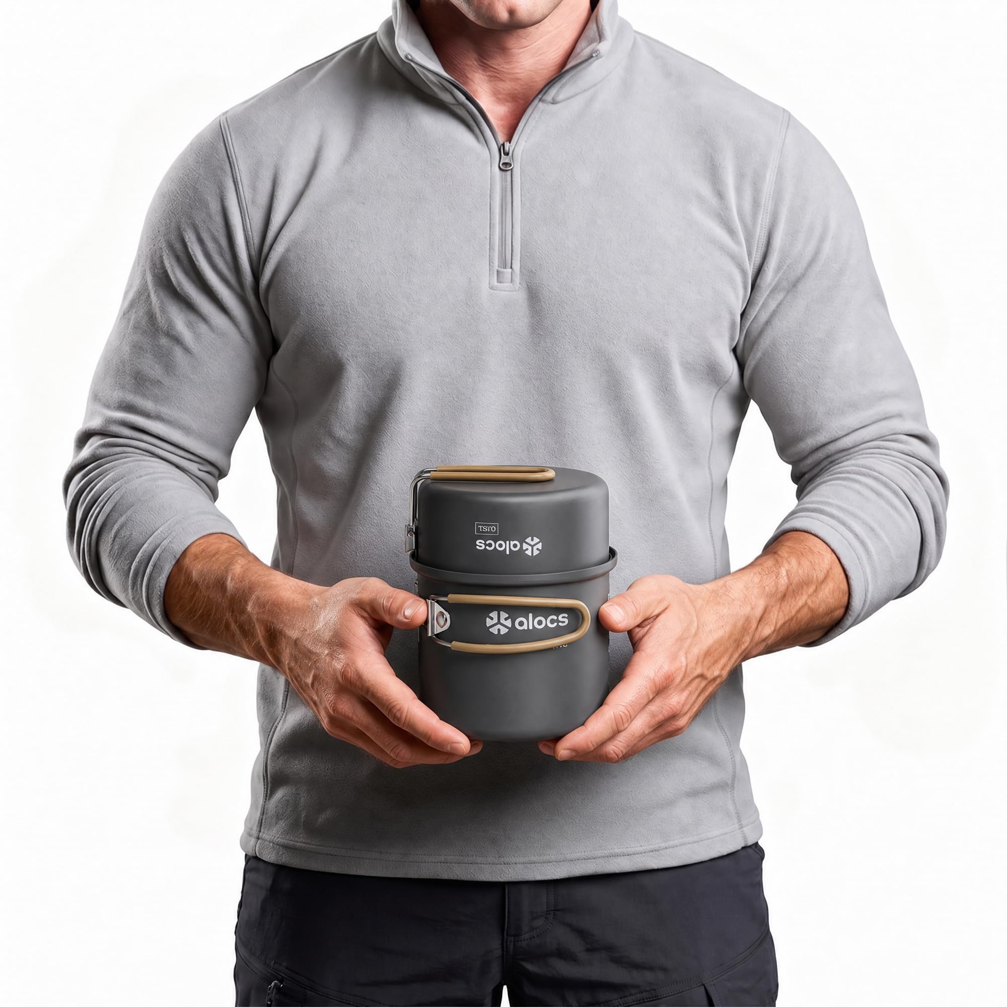 ALOCS set beside water bottle showing compact size and lightweight portability