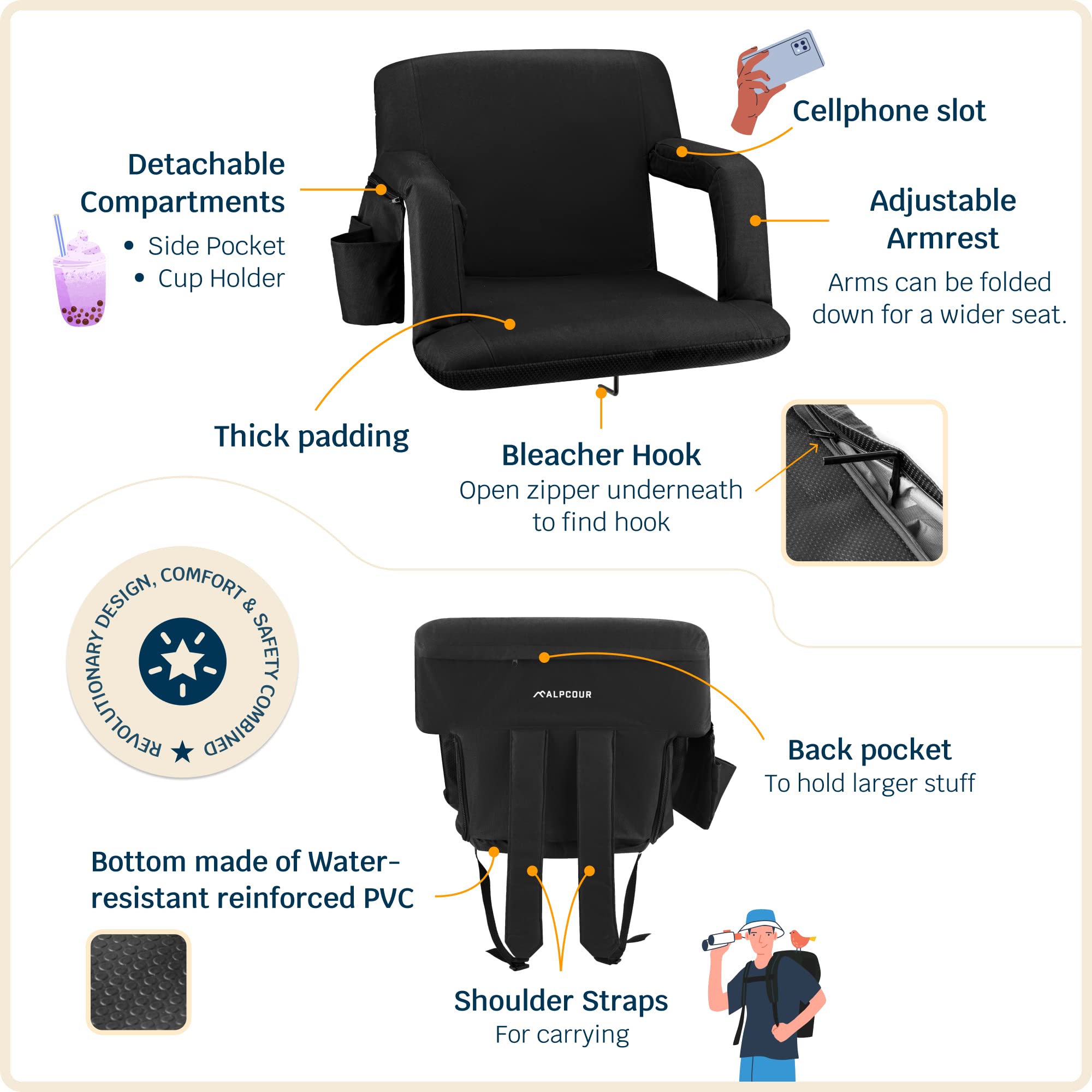 Alpcour seat reclined into one of six positions for custom comfort