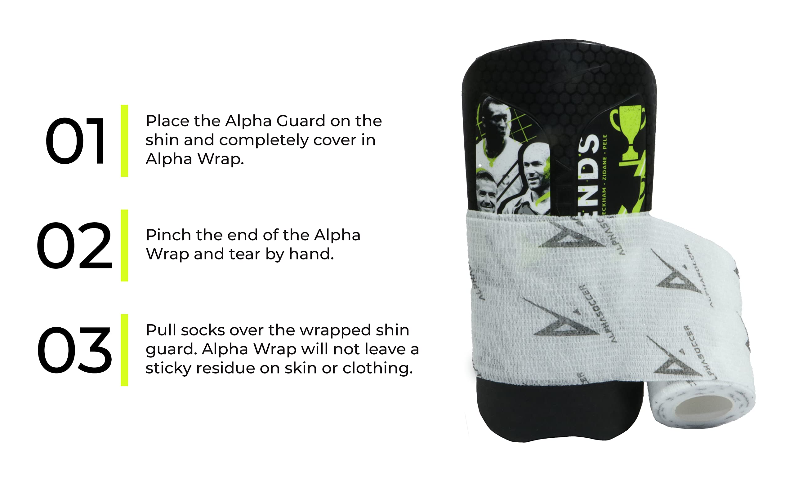 Alpha Soccer white Alpha Wrap roll included to secure guards and improve support