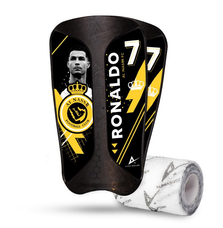 Alpha Soccer front view of shin guard packaging showing content and benefits