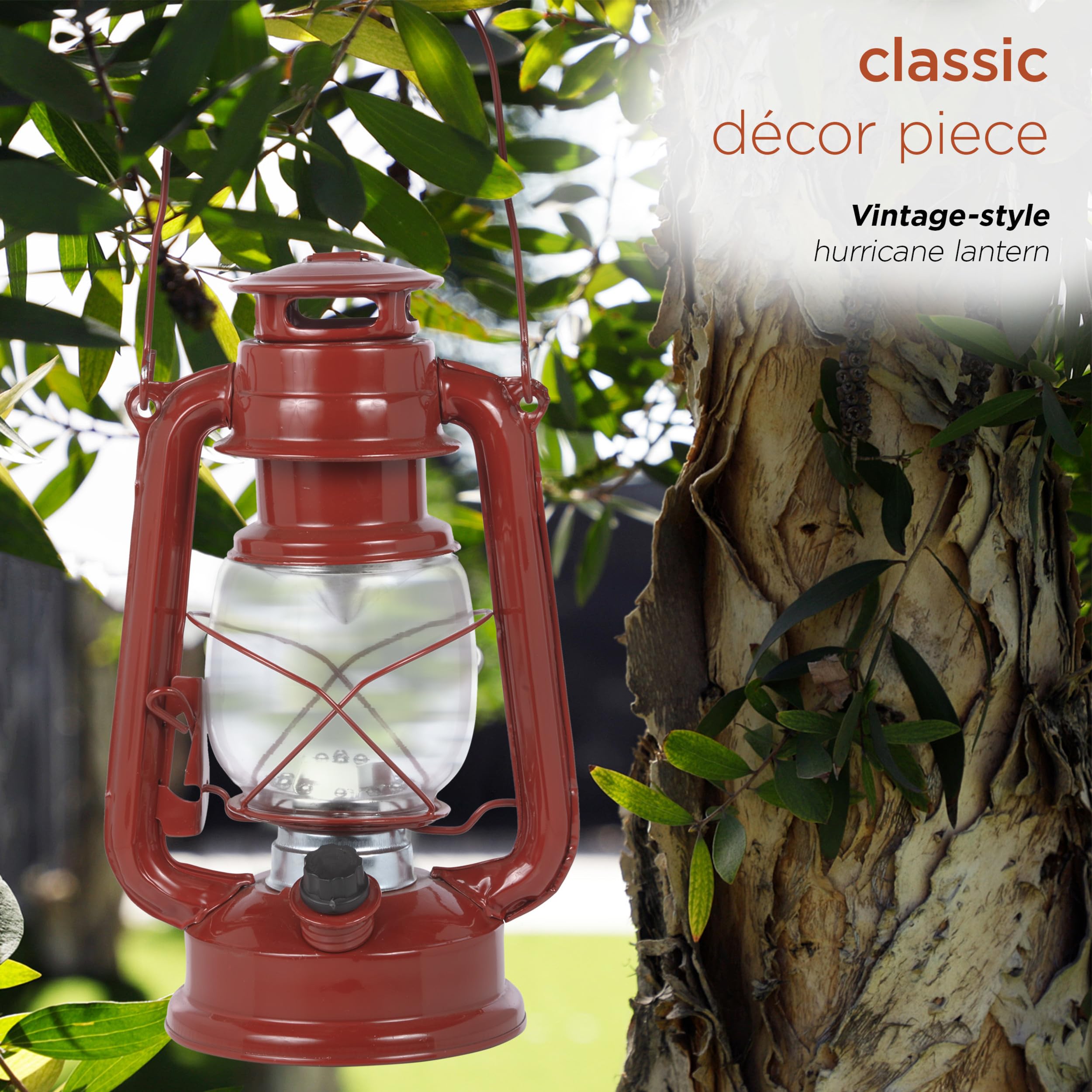 Alpine Corporation red lantern in camping setup for portable, cordless lighting