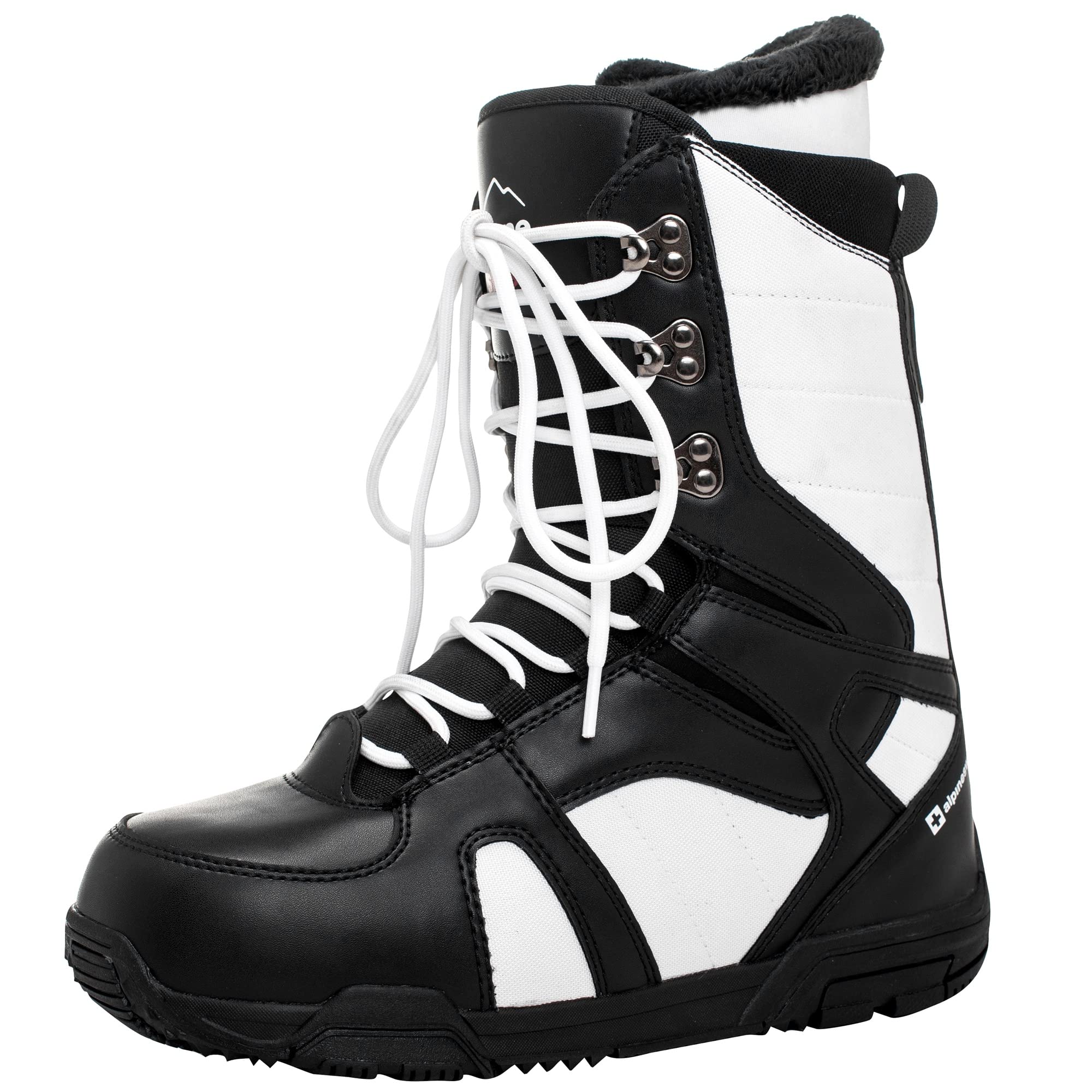 Alpine Swiss front profile of boot showing waterproof upper and sleek design benefit: dry feet