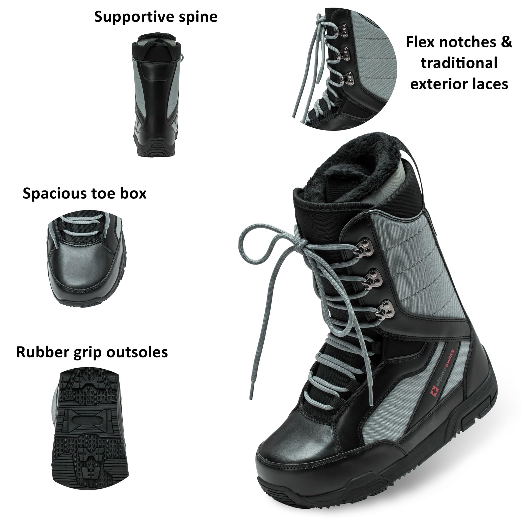 Alpine Swiss side close-up highlighting logo, reinforcement panels, and heel support benefits