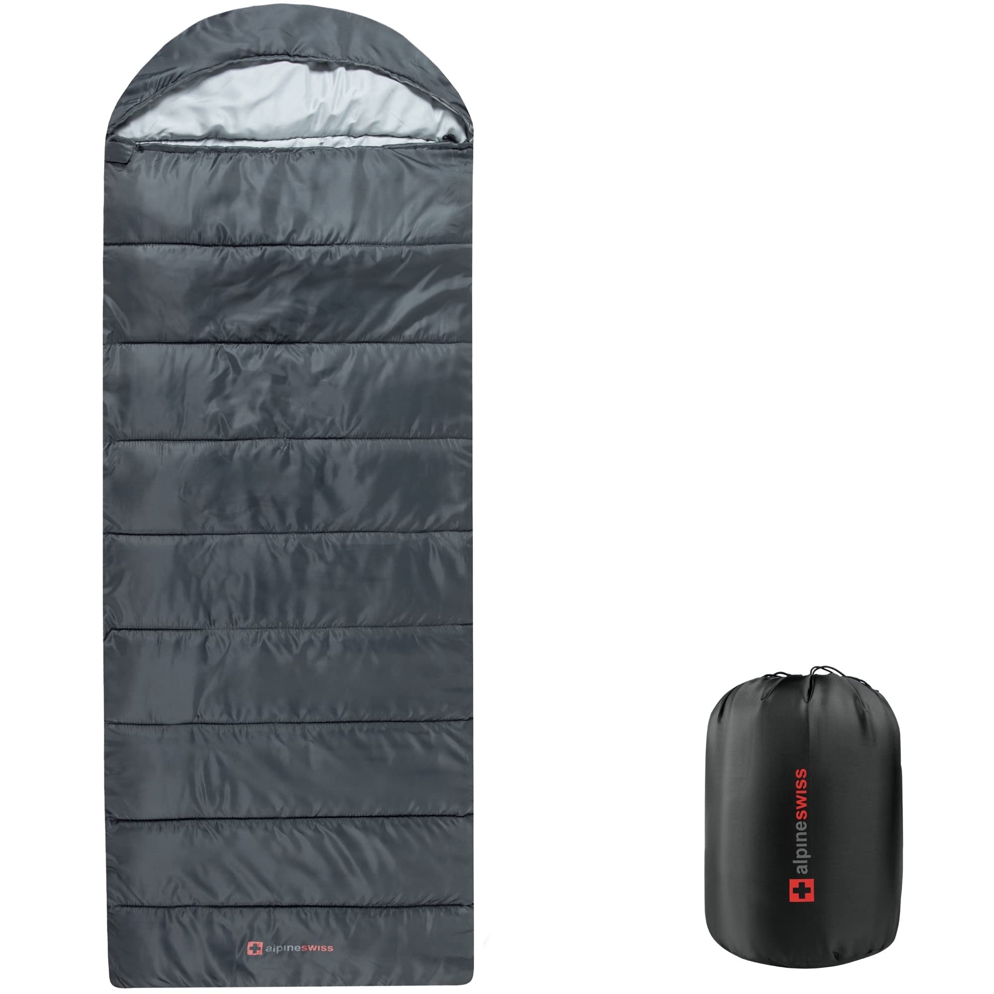 Alpine Swiss front view of gray sleeping bag showing full-size comfort and weather resistance