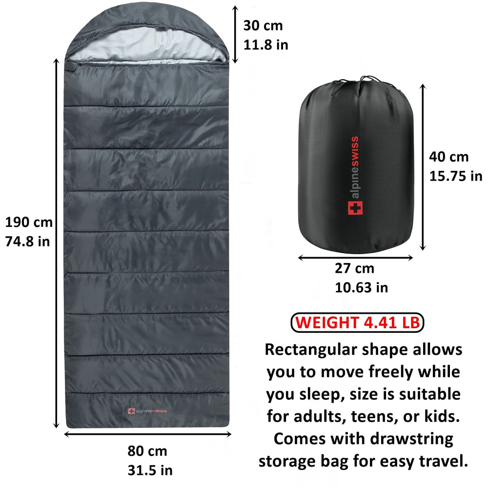 Alpine Swiss sleeping bag compressed in branded sack for compact travel and easy storage