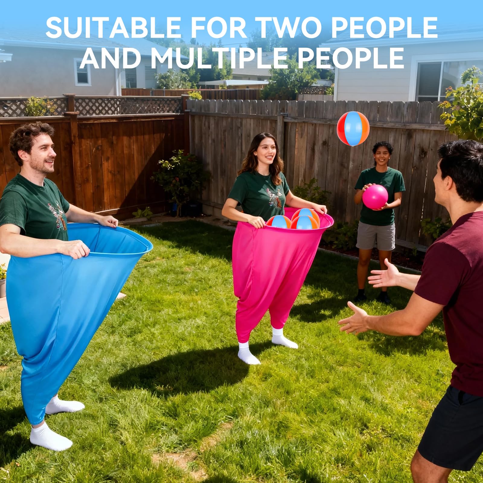 ALRLORO adults wearing giant pants mid-toss showing high-energy fun