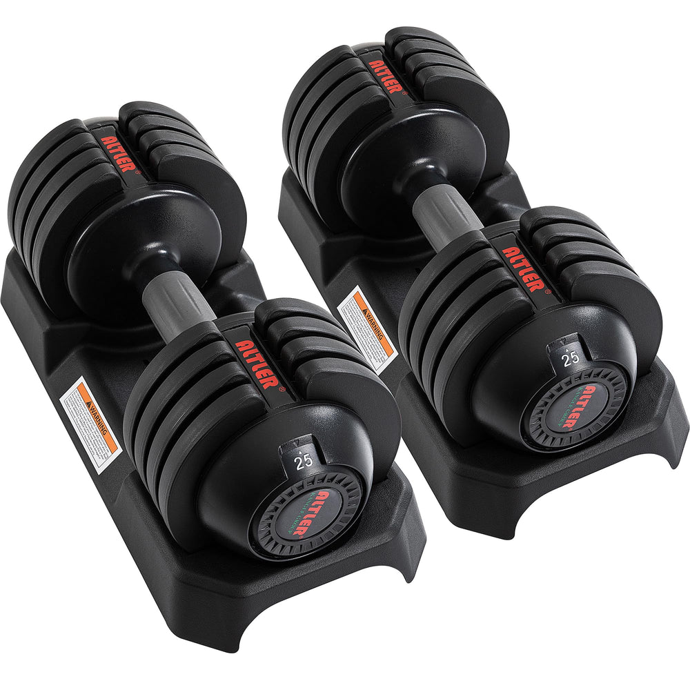 ALTLER adjustable dumbbells front view showing compact tray and pair benefit