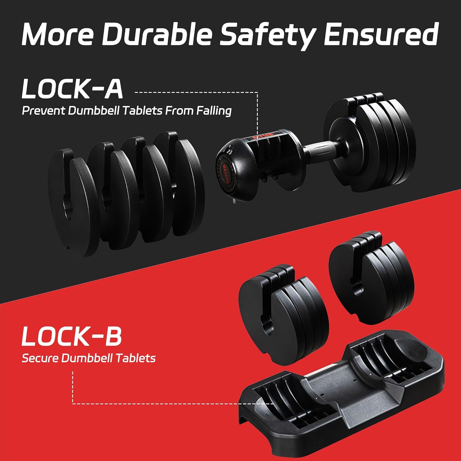 ALTLER dumbbells nested in tray for tidy storage and space savings