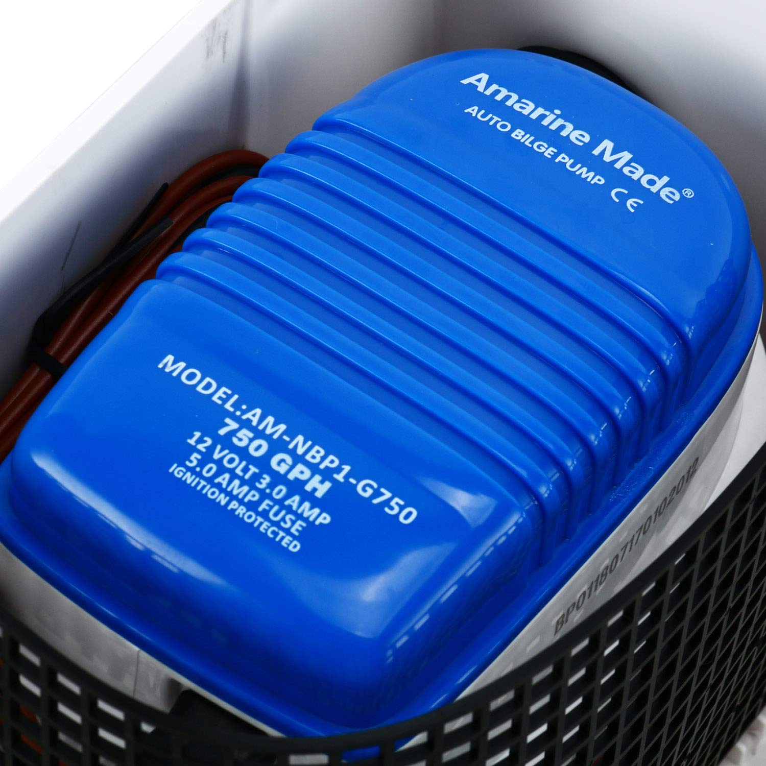 Amarine Made float switch detail inside housing, illustrating automatic on/off protection