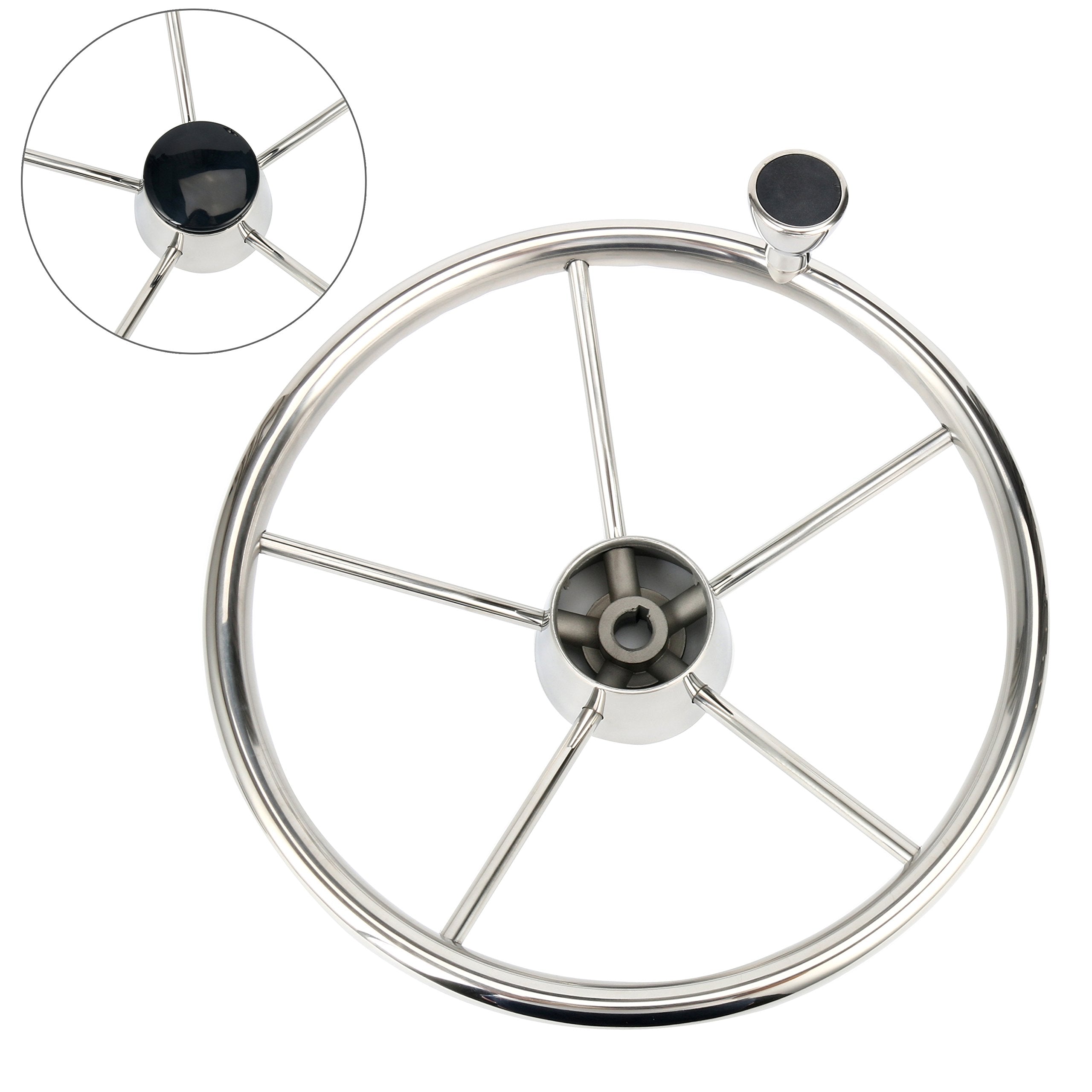 Amarine Made front view of steering wheel showing polished finish and five spokes, enhances helm appearance