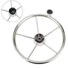 Amarine Made front view of steering wheel showing polished finish and five spokes, enhances helm appearance