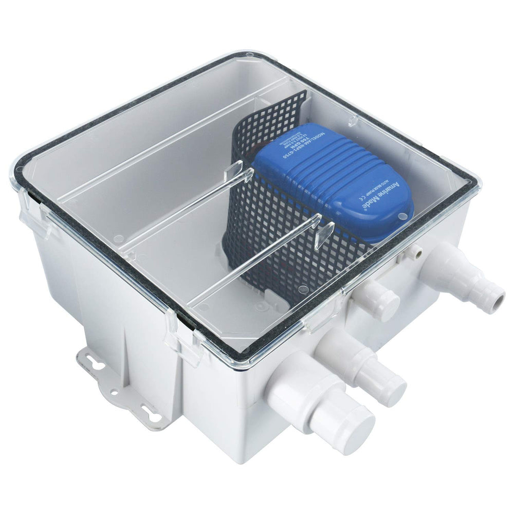 Amarine Made front view of sump pump system showing compact box and lid, easy installation