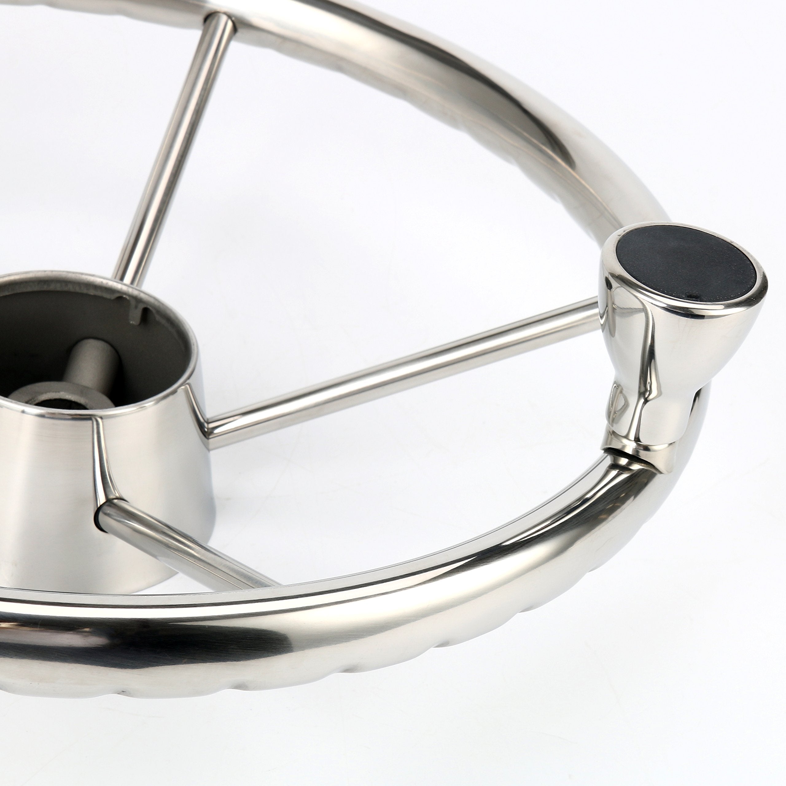 Amarine Made steering wheel installed at a boat helm demonstrating real-world control benefit