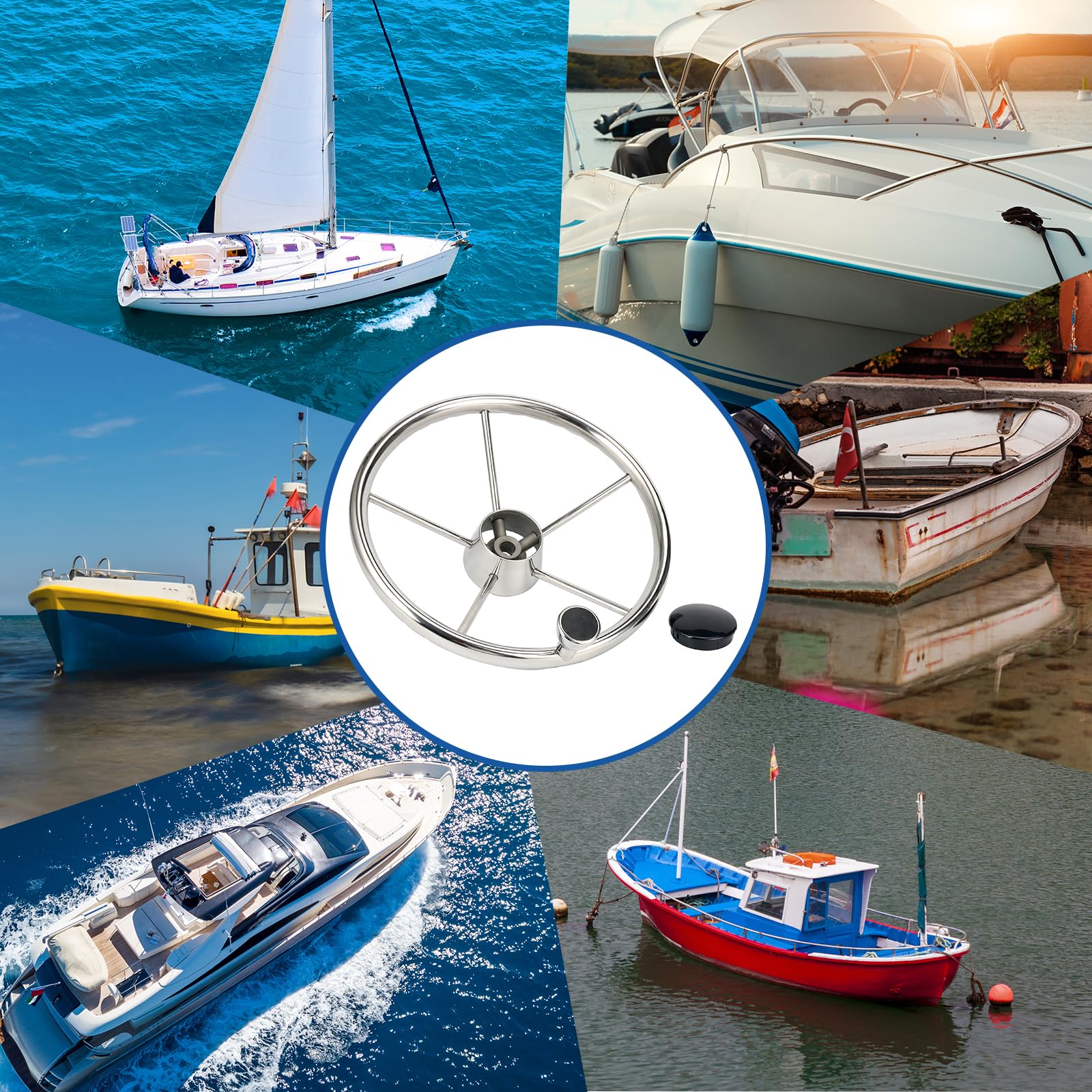 Amarine Made packaged wheel with included knob and center cap showing ready-to-install parts