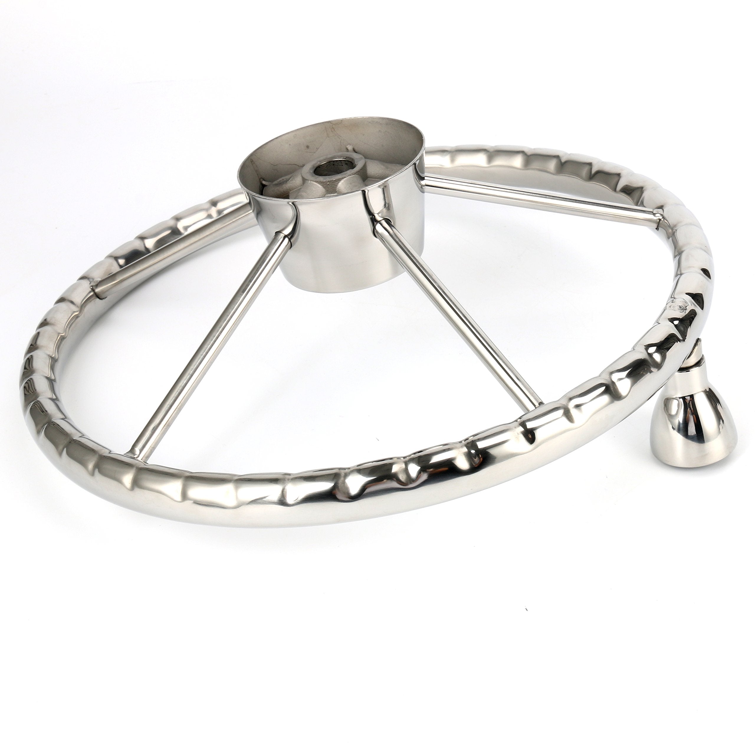 Amarine Made size comparison with hand illustrates 13.5" diameter for compact, responsive steering