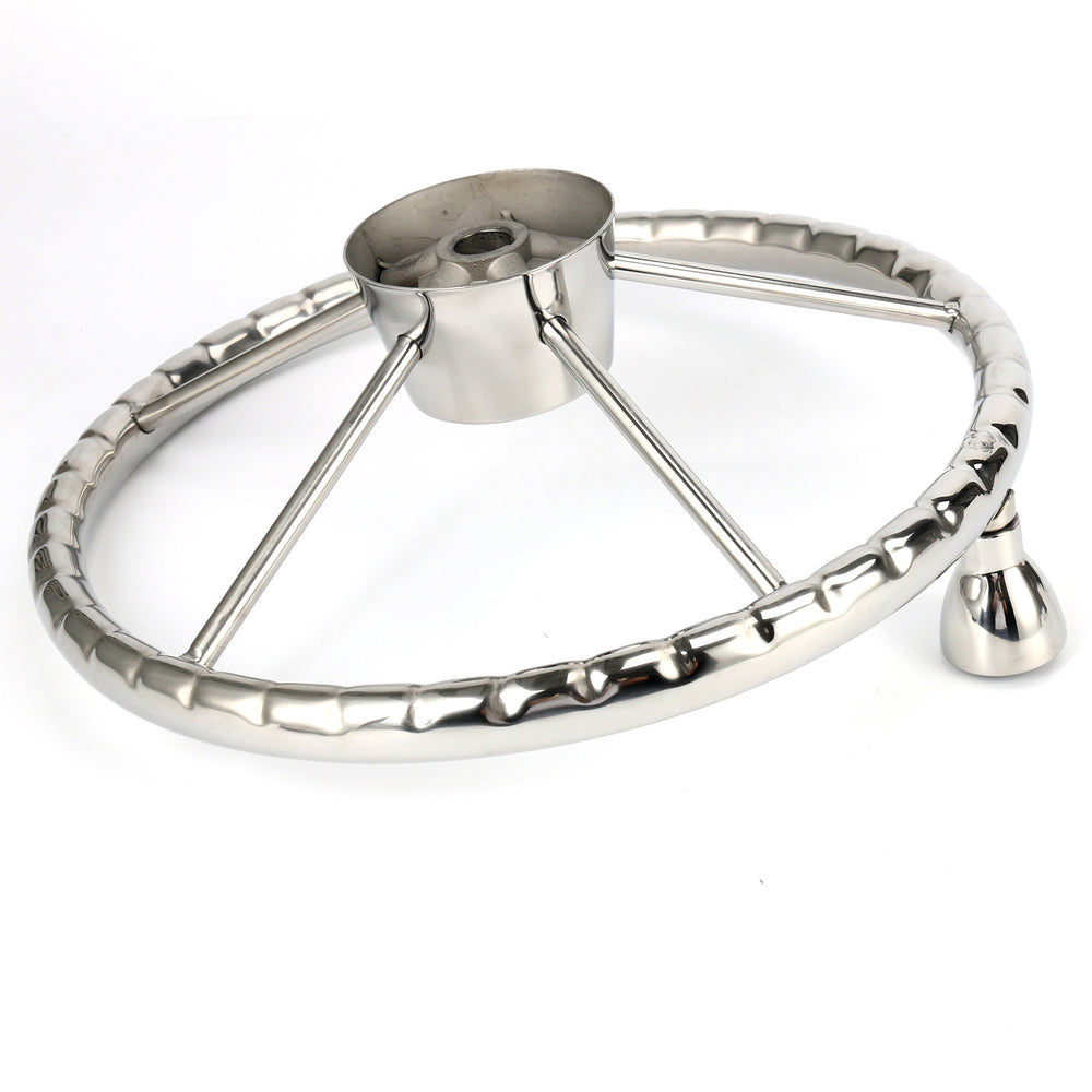 Amarine Made size comparison with hand illustrates 13.5" diameter for compact, responsive steering