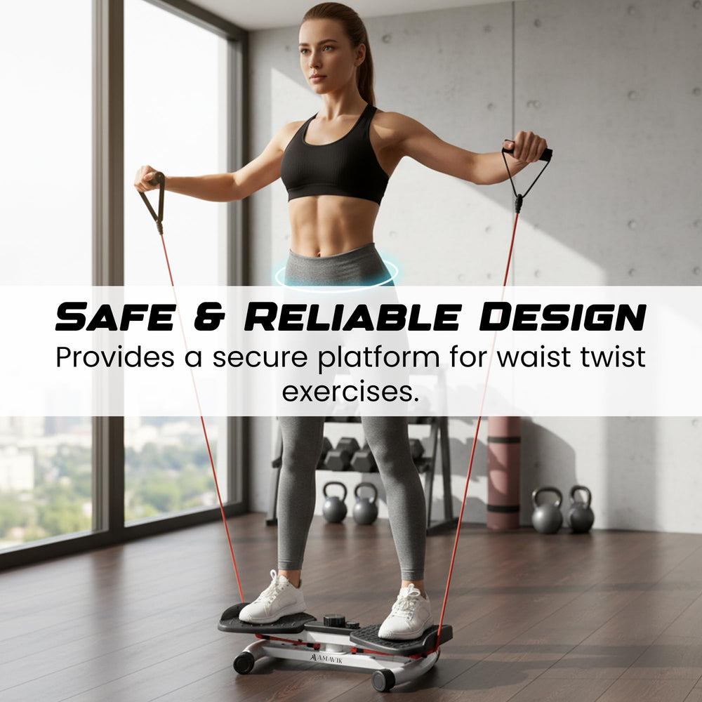AMAVIK user twisting on platform in living room for quiet home workouts