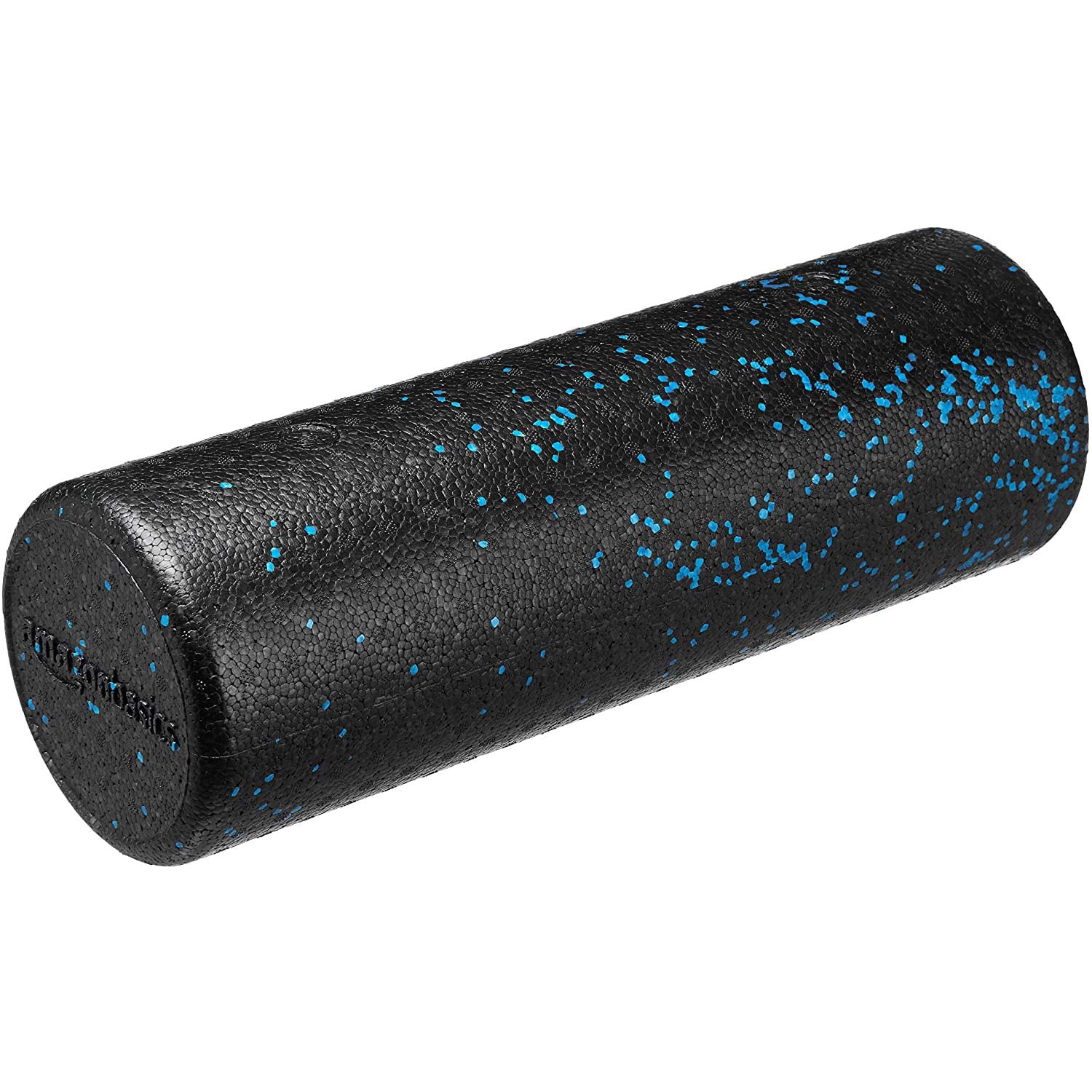 Amazon Basics foam roller front view showing blue speckled finish and length for stability