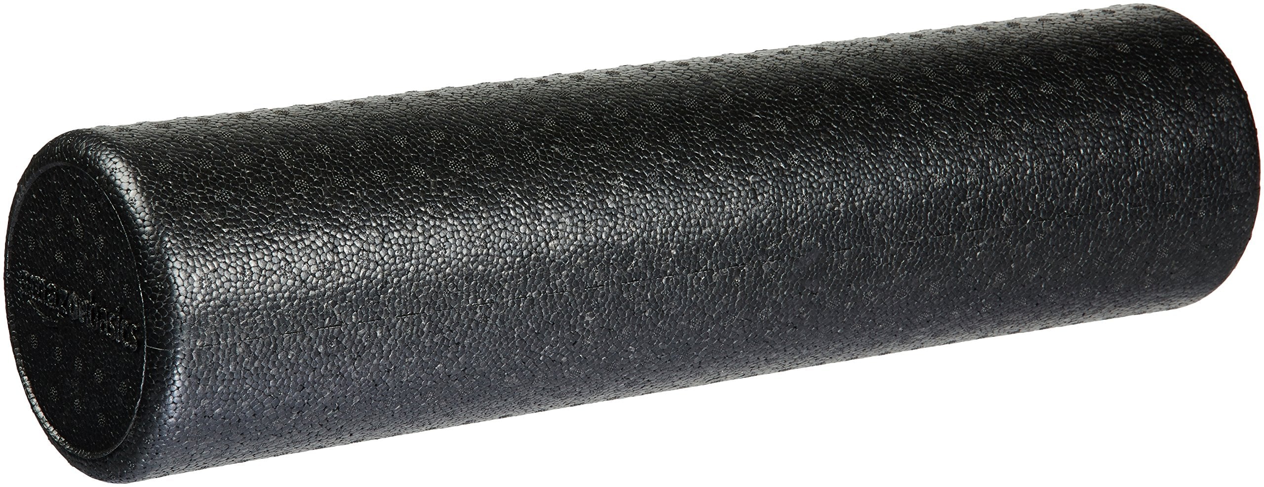 Amazon Basics foam roller front view showing firm black cylinder and brand