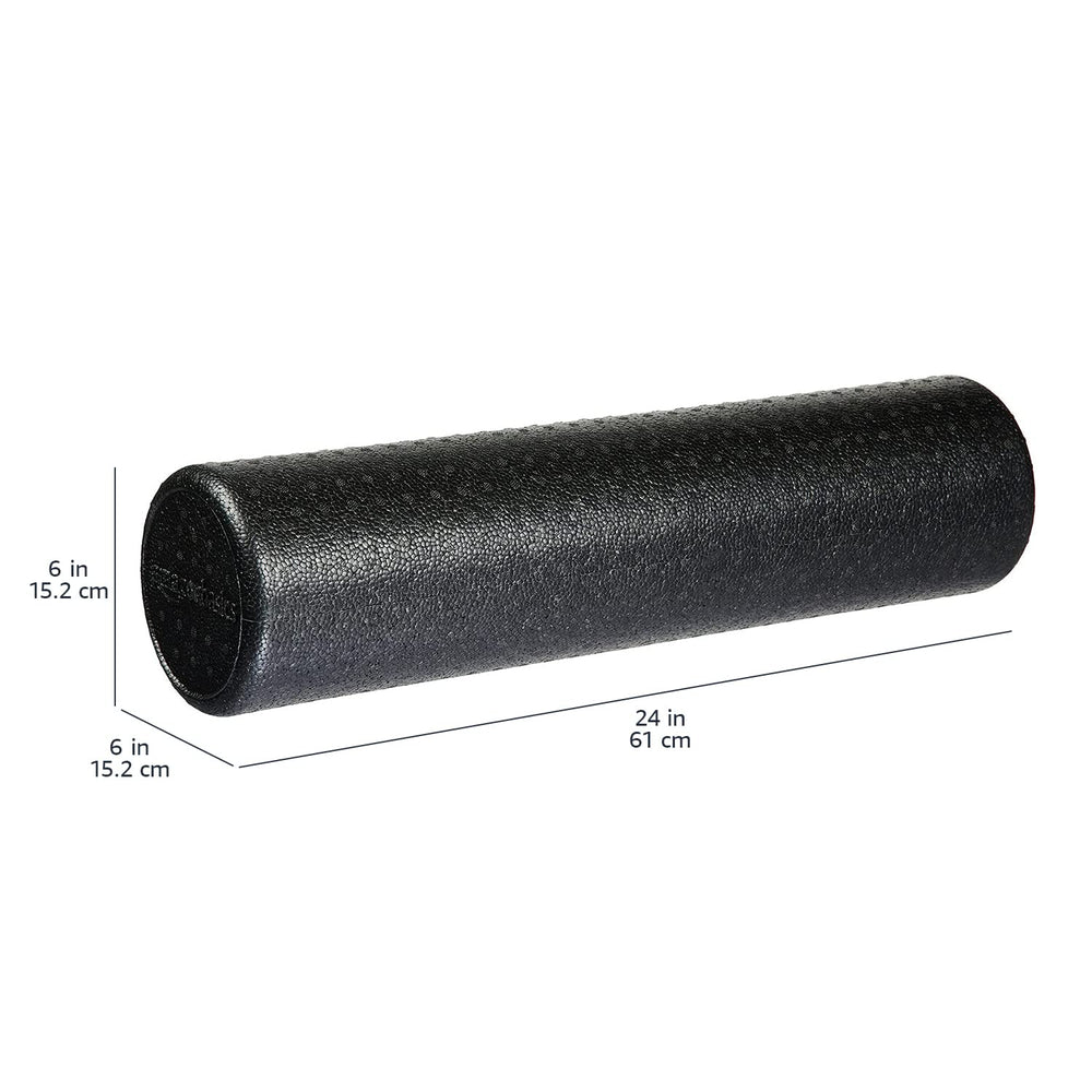Amazon Basics foam roller beside yoga mat to show length and scale for exercises