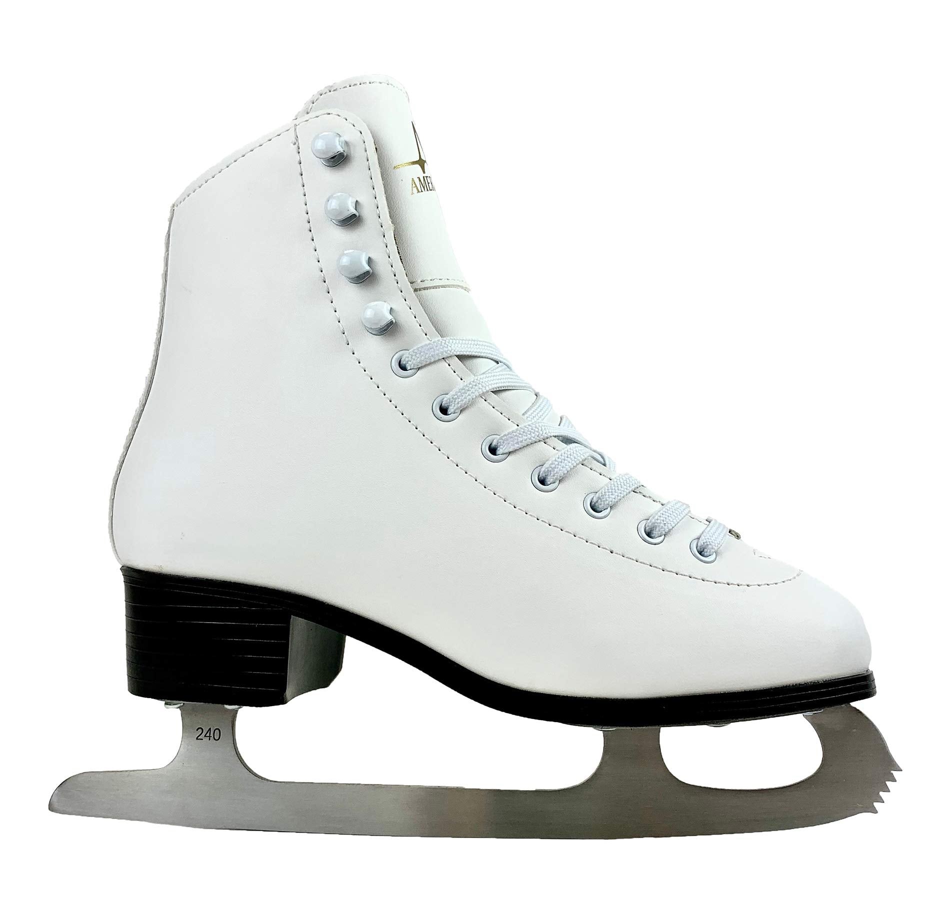 American Athletic skates next to shoe for scale ensuring correct size choice