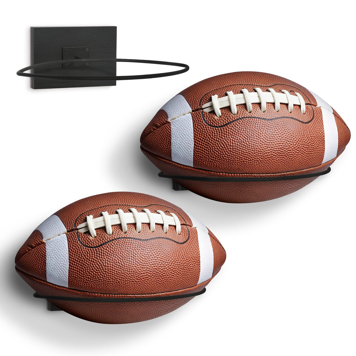 Americanflat front view of three black wall mounts showcasing organized football storage