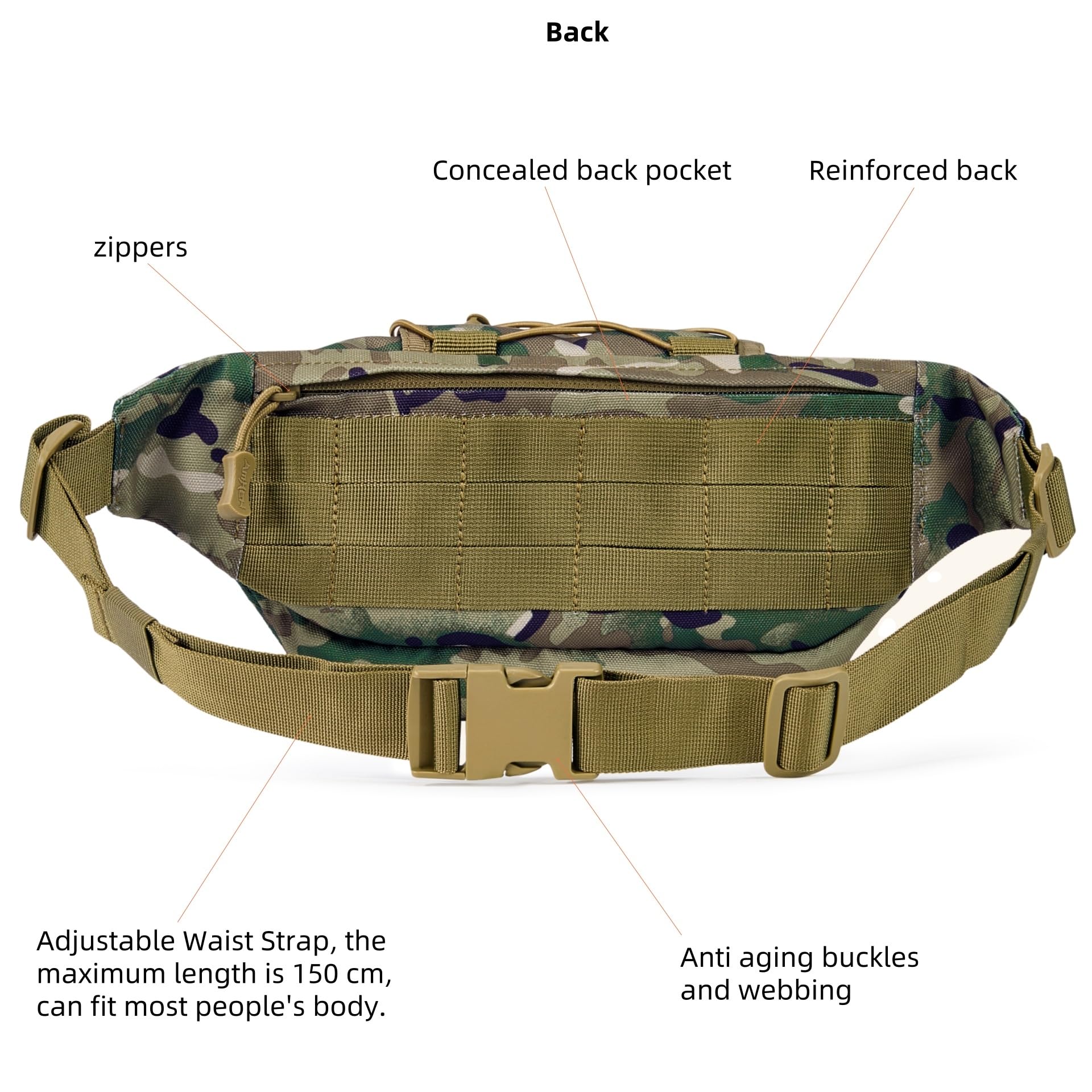 AMHEH camo worn crossbody on model demonstrating secure hands-free benefit
