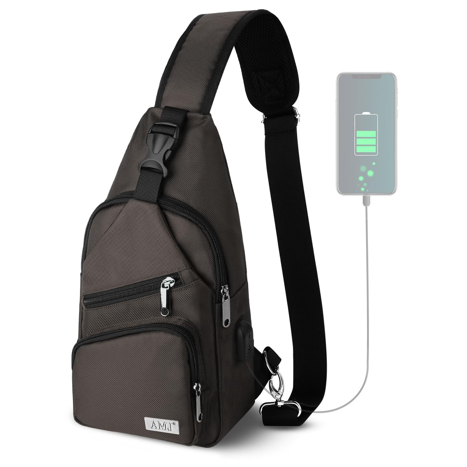 AMJ sling bag front view showing compact design and easy-access pockets for convenience