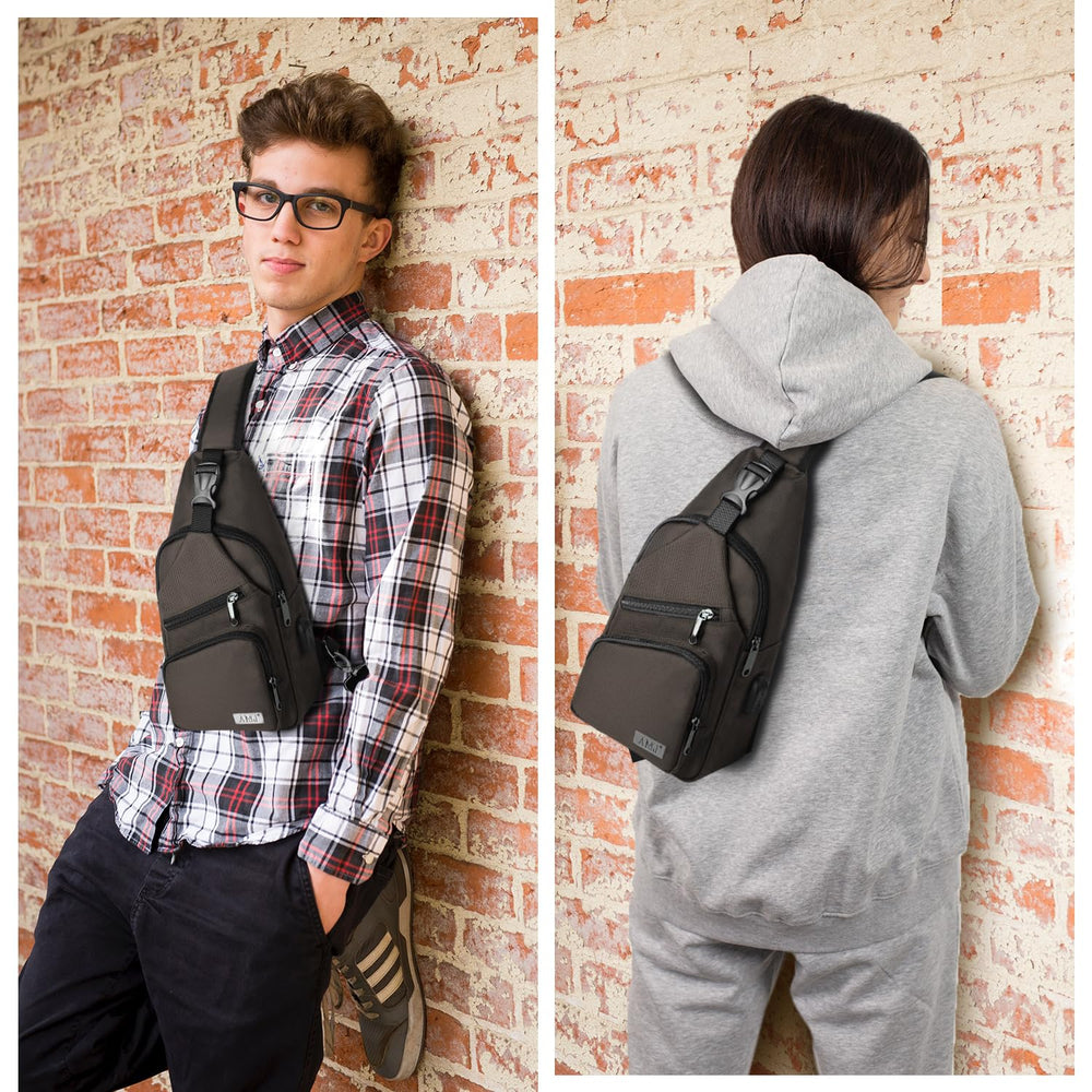 AMJ sling bag label and nylon texture highlighting durable material and long-lasting use