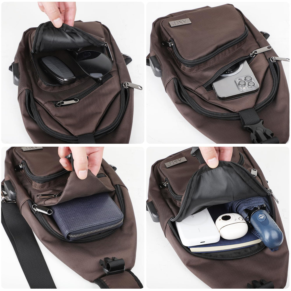AMJ sling bag beside water bottle for scale showing the compact travel-friendly size