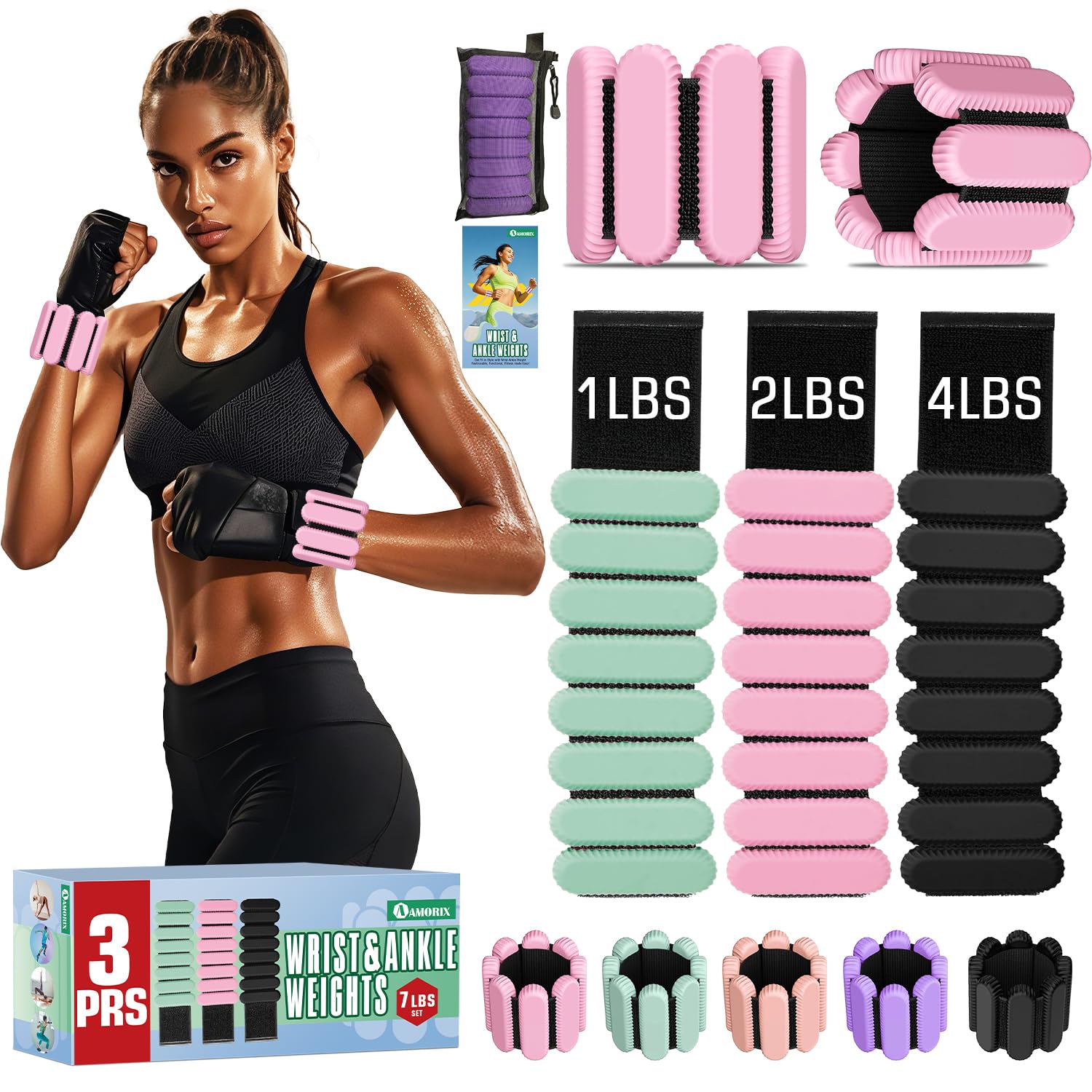 AMORIX front packaging view showing compact silicone weight set and contents, easy storage benefit
