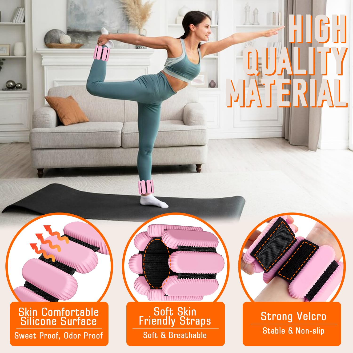 AMORIX wrist weight worn during stretching showing comfortable fit and stable hold benefit
