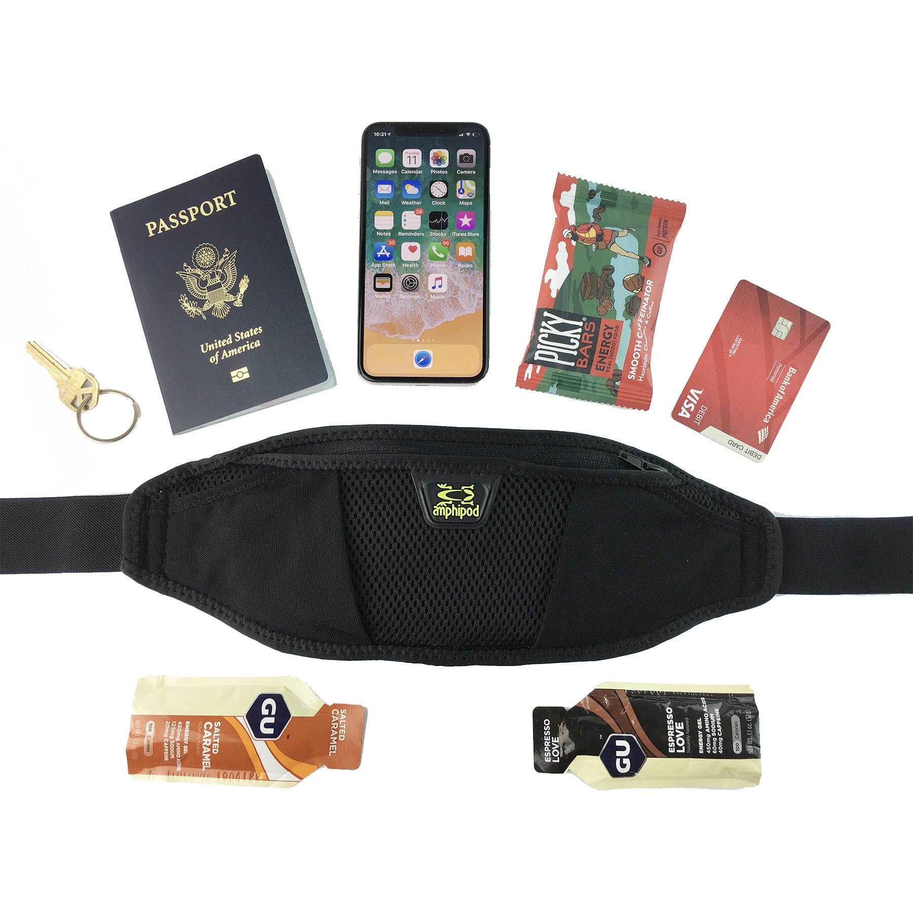 Amphipod waistpack beside smartphone showing size and capacity