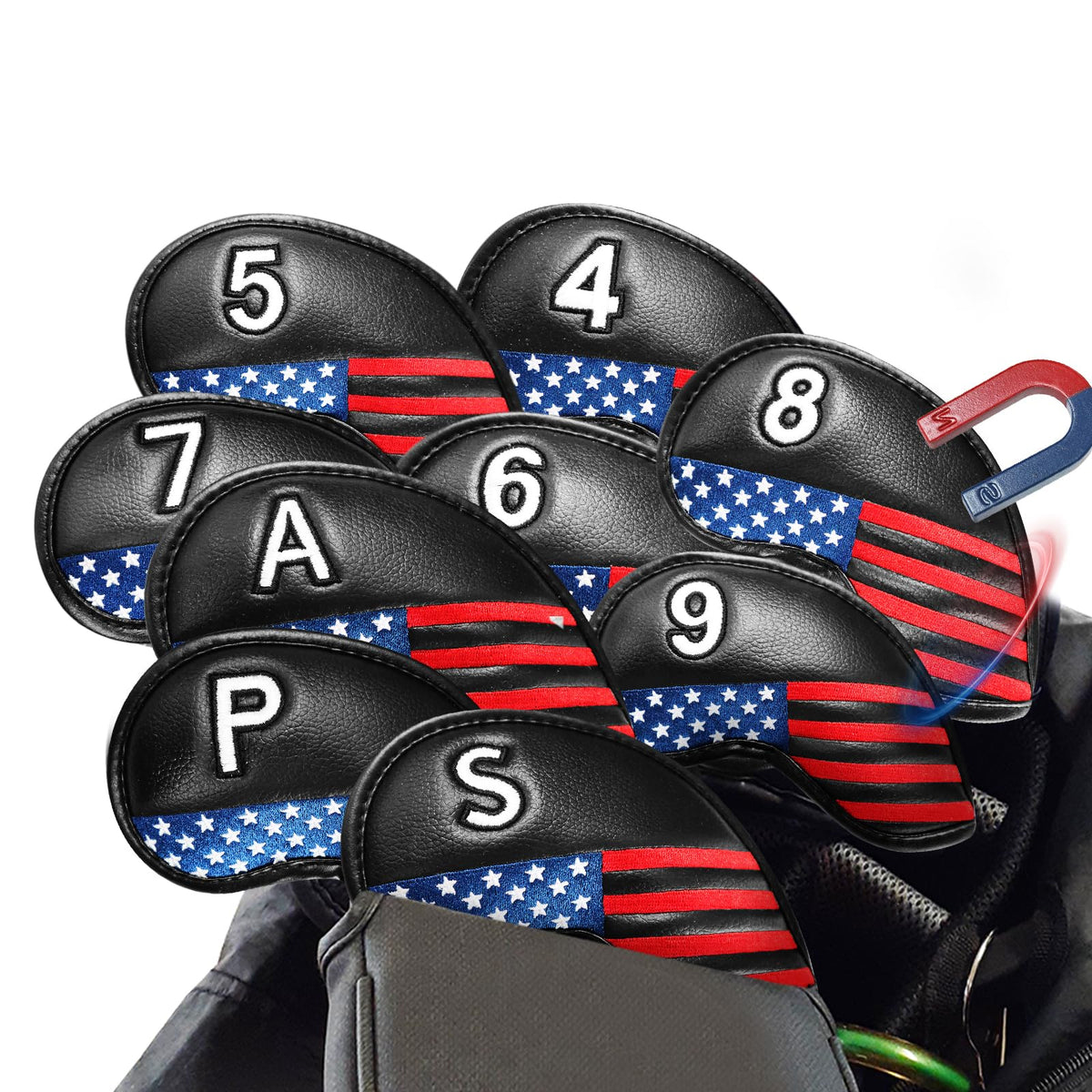 Amy Sport front view of 9-pack black USA flag head covers showing full set and design benefit