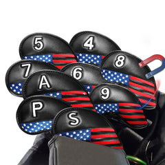 Amy Sport front view of 9-pack black USA flag head covers showing full set and design benefit