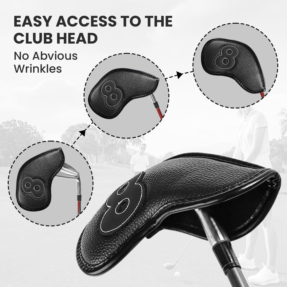 Amy Sport iron covers on a golf bag providing organized fast access benefit