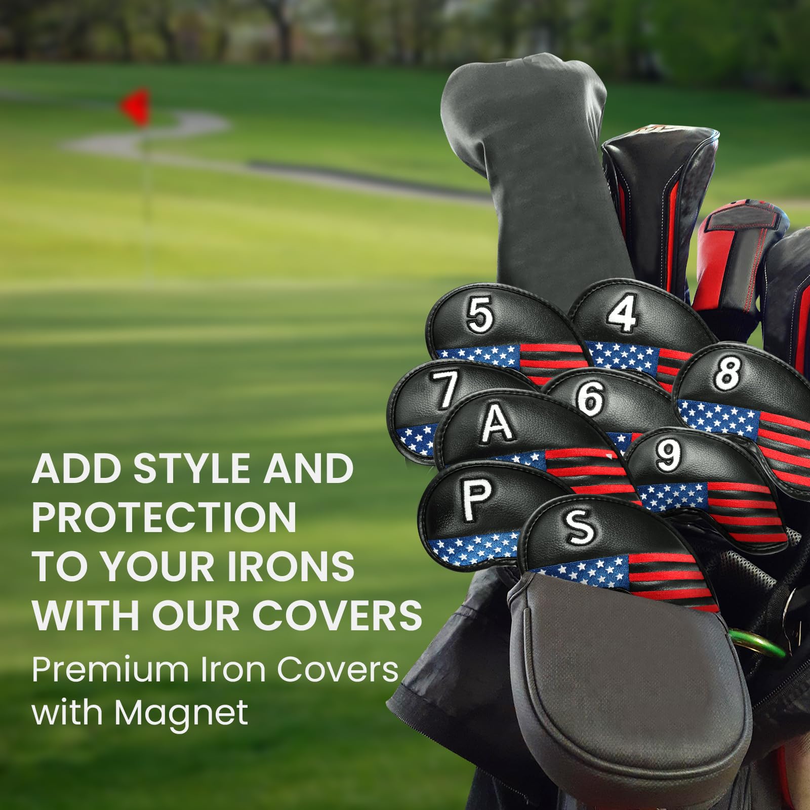 Amy Sport lifestyle image on golf course illustrating patriotic style and practical protection