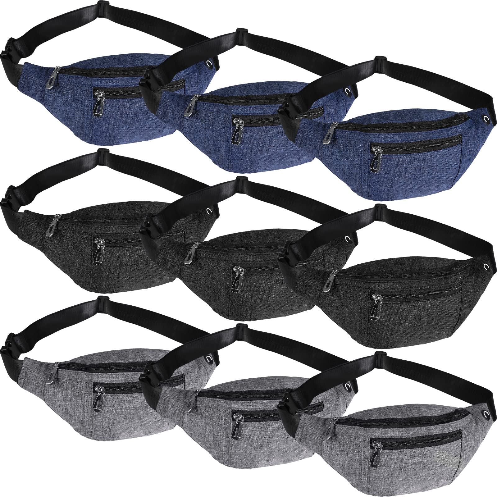 Amylove front view of three-color fanny packs showing compact group-ready design and easy access