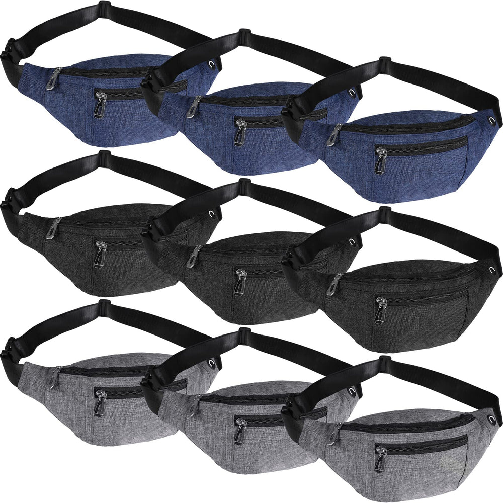 Amylove front view of three-color fanny packs showing compact group-ready design and easy access