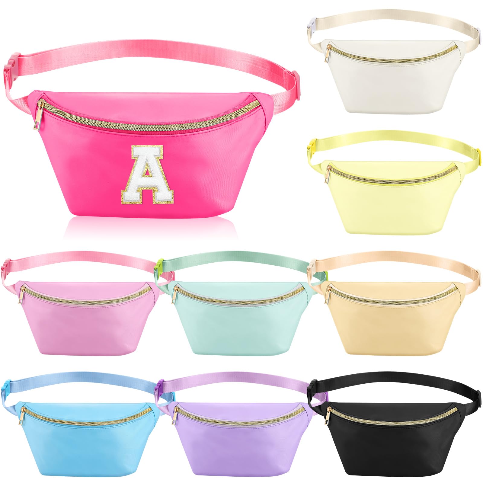 Amylove front view of nine brightly colored fanny packs showing variety and convenience