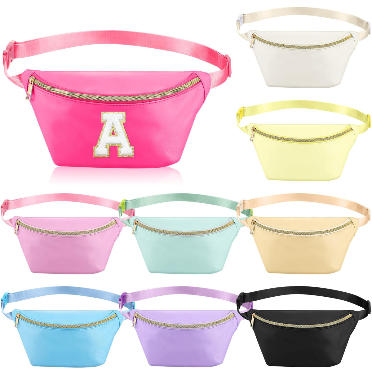 Amylove front view of nine brightly colored fanny packs showing variety and convenience