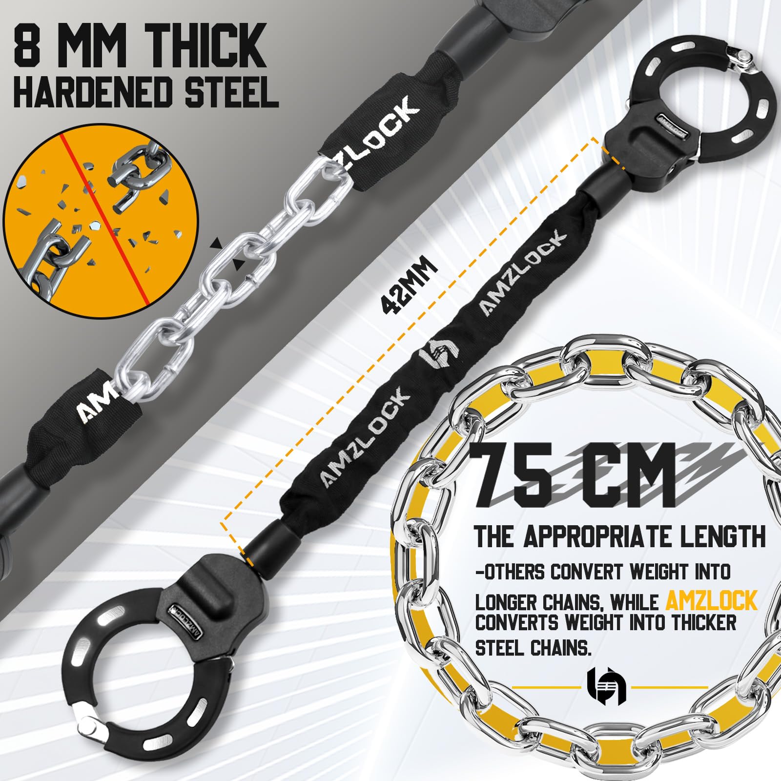AMZLOCK close-up of alloy-steel chain links, durable cut resistance benefit