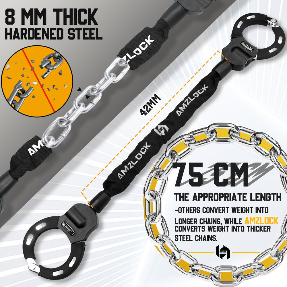 AMZLOCK close-up of alloy-steel chain links, durable cut resistance benefit