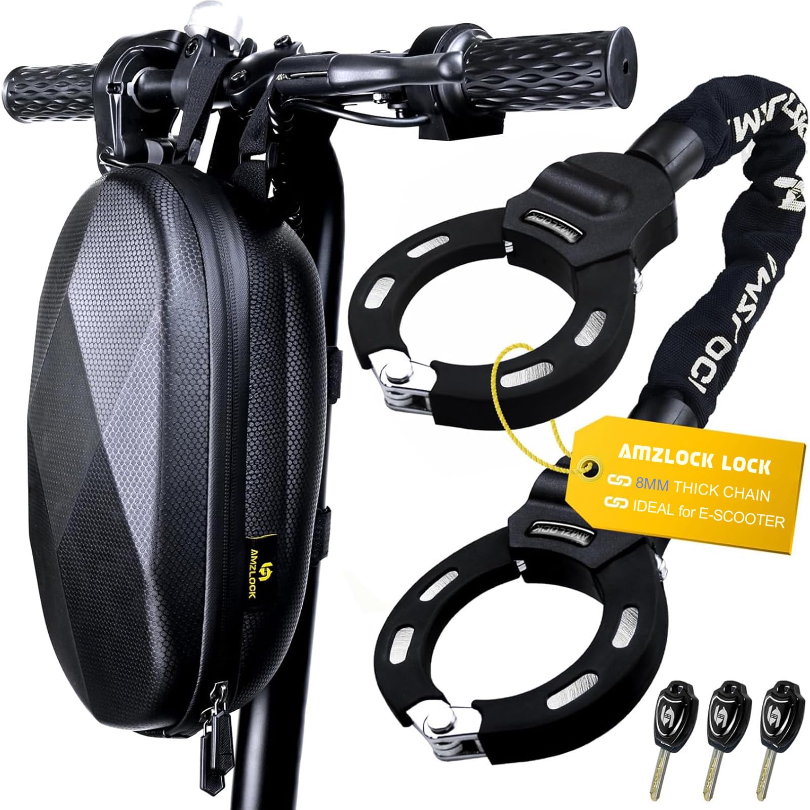 AMZLOCK front view showing lock and pouch, secure and portable