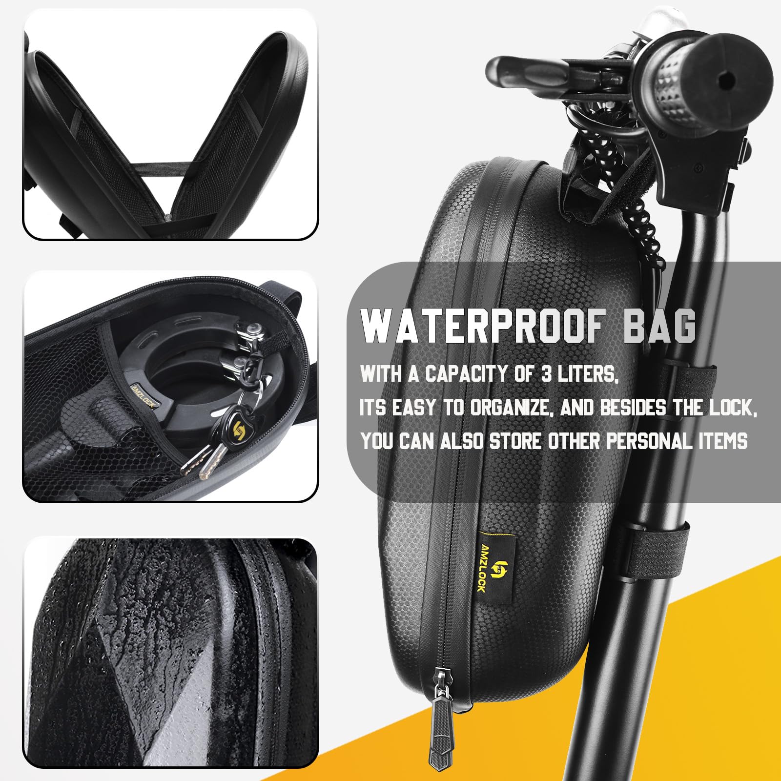AMZLOCK stored in water-resistant pouch with keys, tidy transport advantage