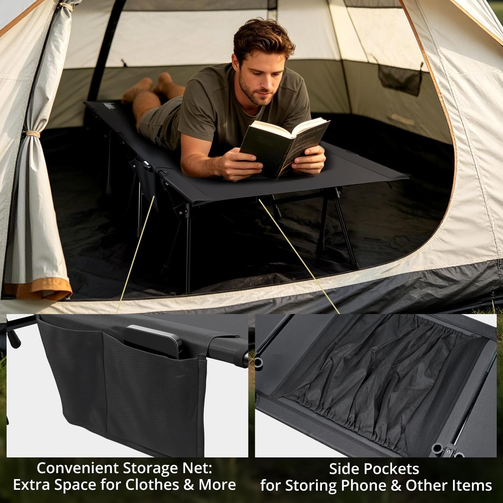 Anbte side pocket with phone and lamp keeps essentials within reach