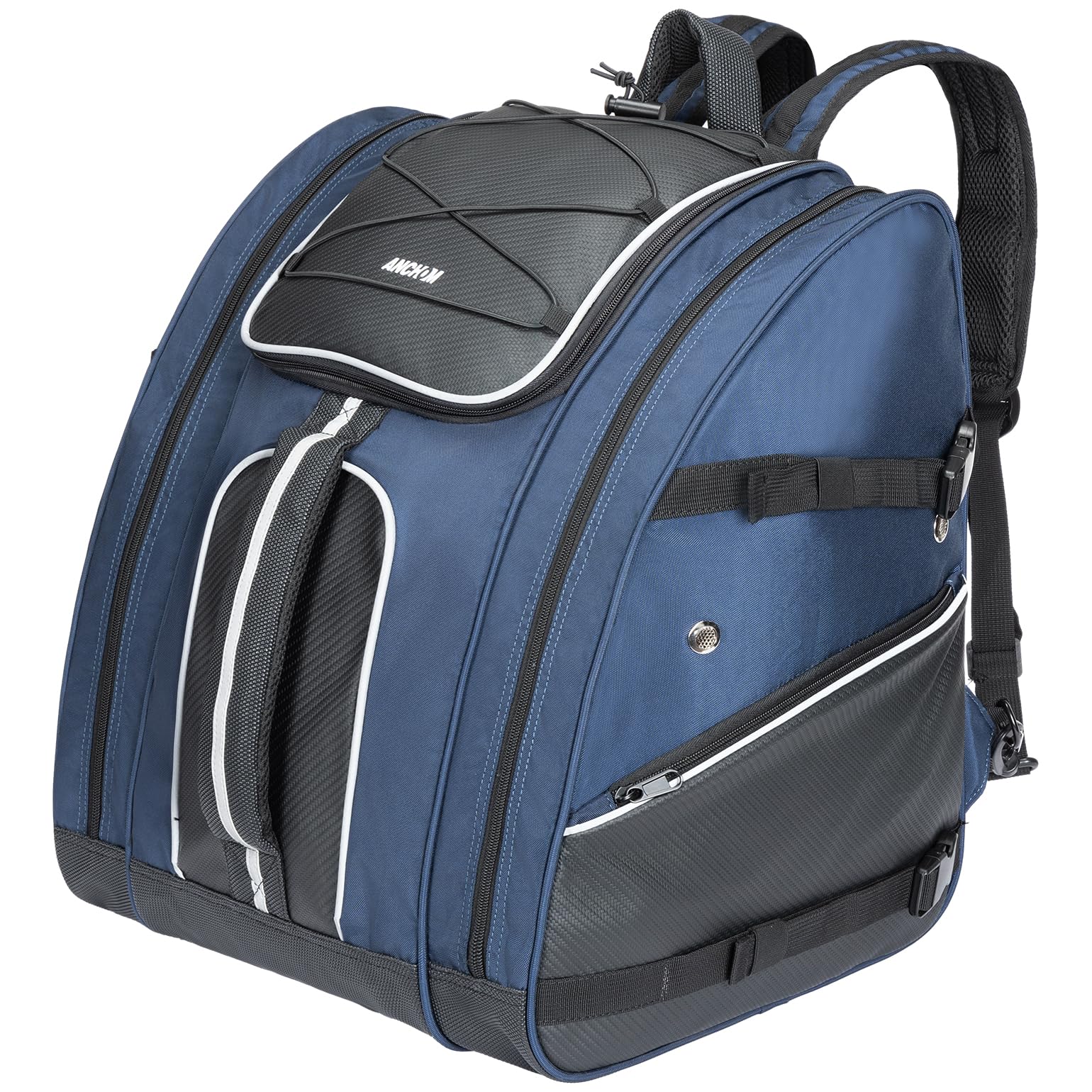 ANCHOM front view of blue 55L ski boot bag showing organization and capacity